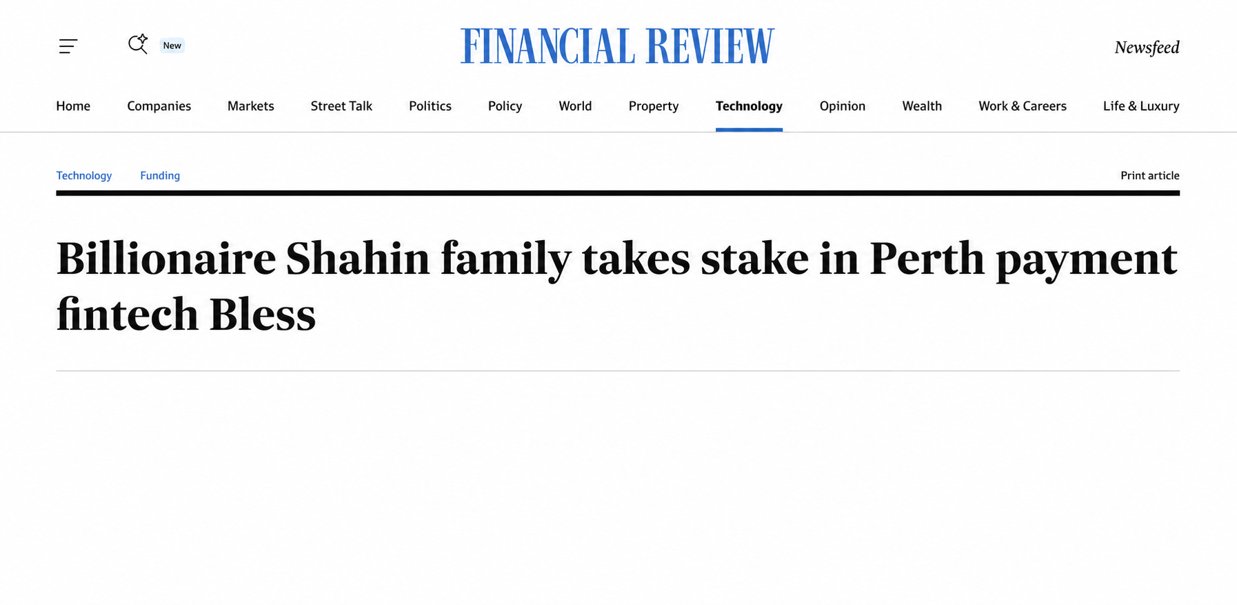 Australian Financial Review article headlined Billionaire Shahin family takes stake in Perth payment fintech Bless