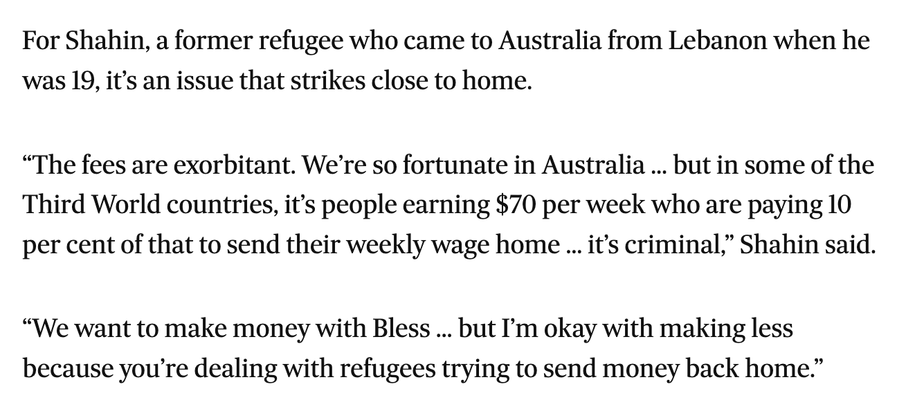 Excerpt from the Australian Financial Review article quoting Shahin on remittance fees